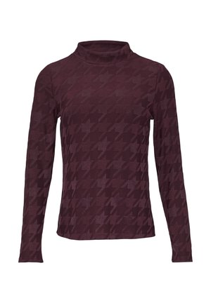Długi rękaw turtleneck w ciemnym burgundzie z wzorem w jodełkę. Wykonany z teksturowanej tkaniny, dopasowany krój i prążkowany kołnierz.