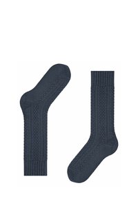 Calze di un blu navy scuro con un risvolto a coste e un motivo testurizzato lungo il lato, realizzate in un morbido tessuto lavorato a maglia.