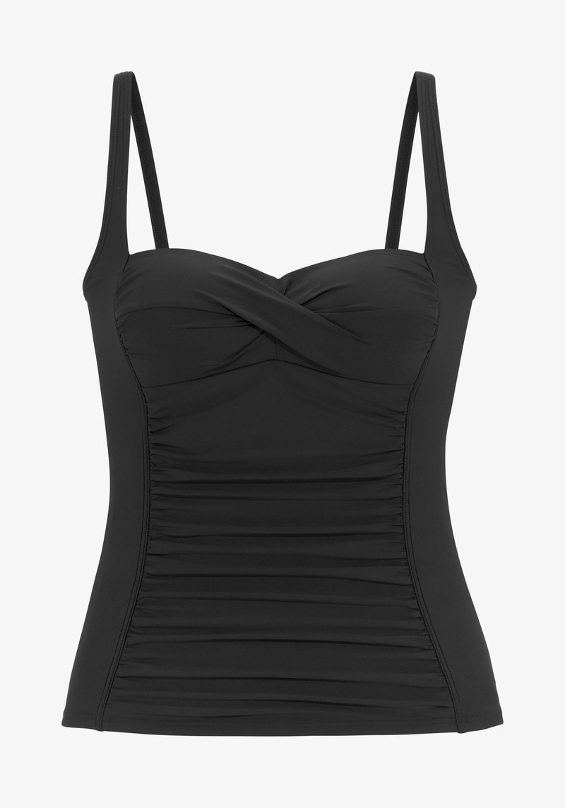 Svart linne i stretchigt tyg, med tunna justerbara remmar, vriden bodice-design och uppsamlad textur längs sidorna.
