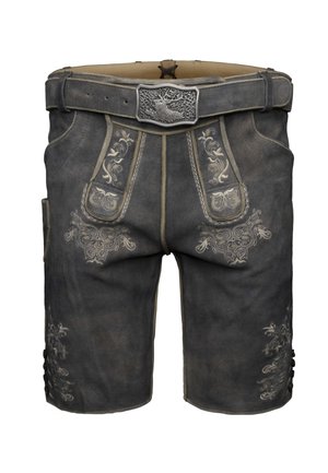 Lederhosen en cuir gris foncé traditionnel avec une broderie complexe et une ceinture assortie ornée d'une boucle détaillée en forme de cerf.