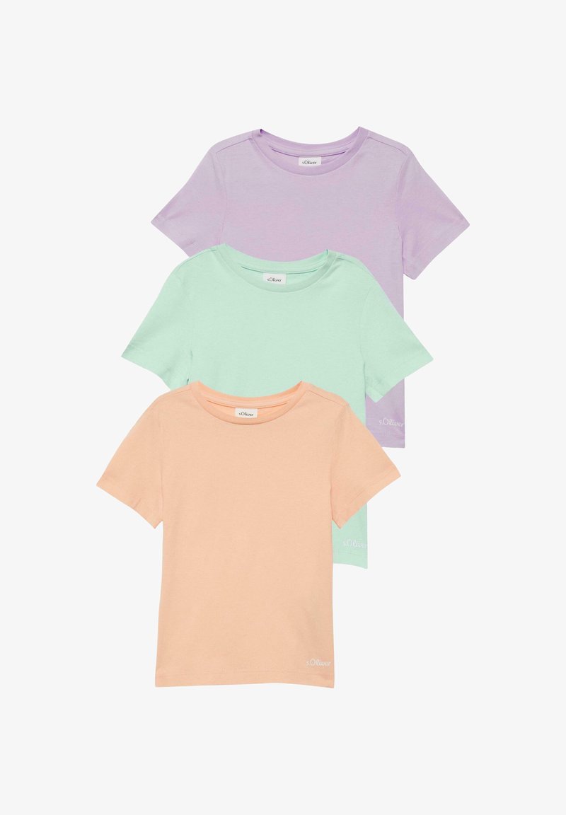 Ensemble de trois T-shirts en coton à manches courtes dans les tons pastel violet, vert menthe et pêche, empilés en présentation superposée.