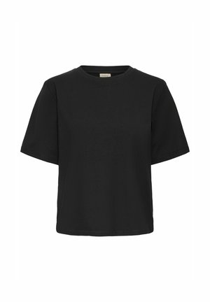 Czarny t-shirt z krótkim rękawem wykonany z bawełny, z okrągłym dekoltem i luźnym krojem. Prosty design, bez wzorów czy ozdób.