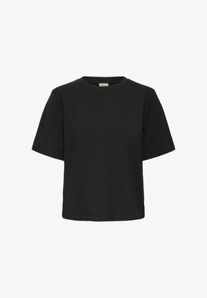 Zwarte T-shirt met korte mouwen van katoen, met een ronde hals en een comfortabele pasvorm. Eenvoudig ontwerp zonder patronen of versieringen.