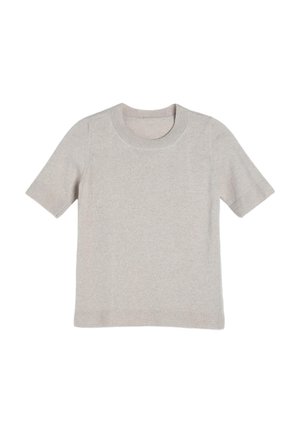 Pull en maille beige clair à manches courtes avec un col rond et des bords-côtes à l'ourlet et aux poignets, présenté à plat sur un fond blanc.