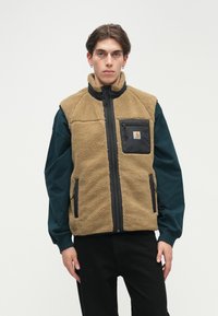Chaleco de forro polar marrón con detalles negros, cuello alto, cremallera frontal y un bolsillo en el pecho. Camisa negra de manga larga debajo, pantalones oscuros.