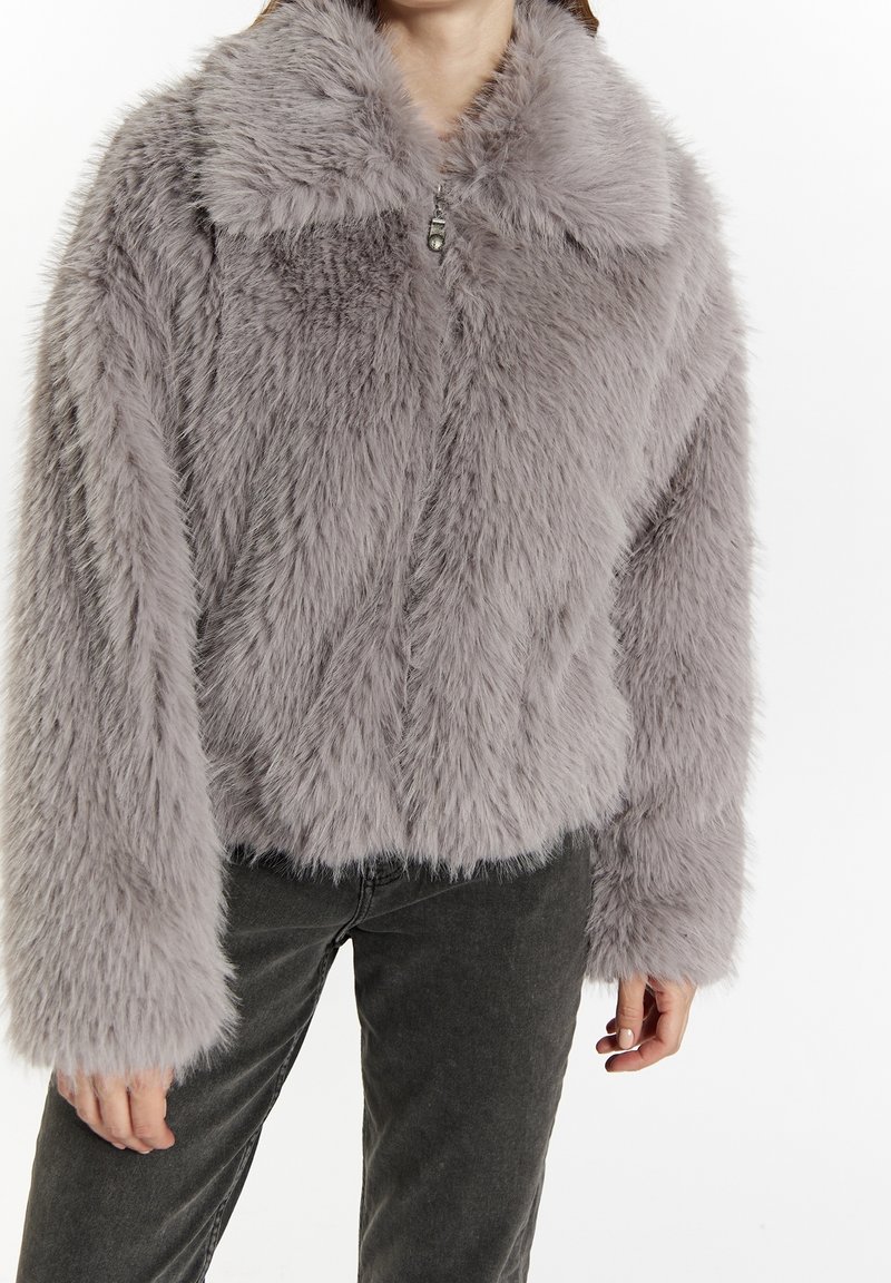Veste en fausse fourrure gris clair avec un large col, fermeture éclair à l'avant et manches longues et duveteuses. Texture douce avec une coupe courte.