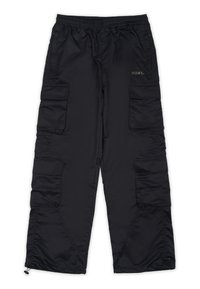 Black cargo pants with an elastic waistband, multiple side pockets, and zippered cuffs. Made from smooth, lightweight fabric.