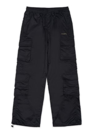 Black cargo pants with an elastic waistband, multiple side pockets, and zippered cuffs. Made from smooth, lightweight fabric.