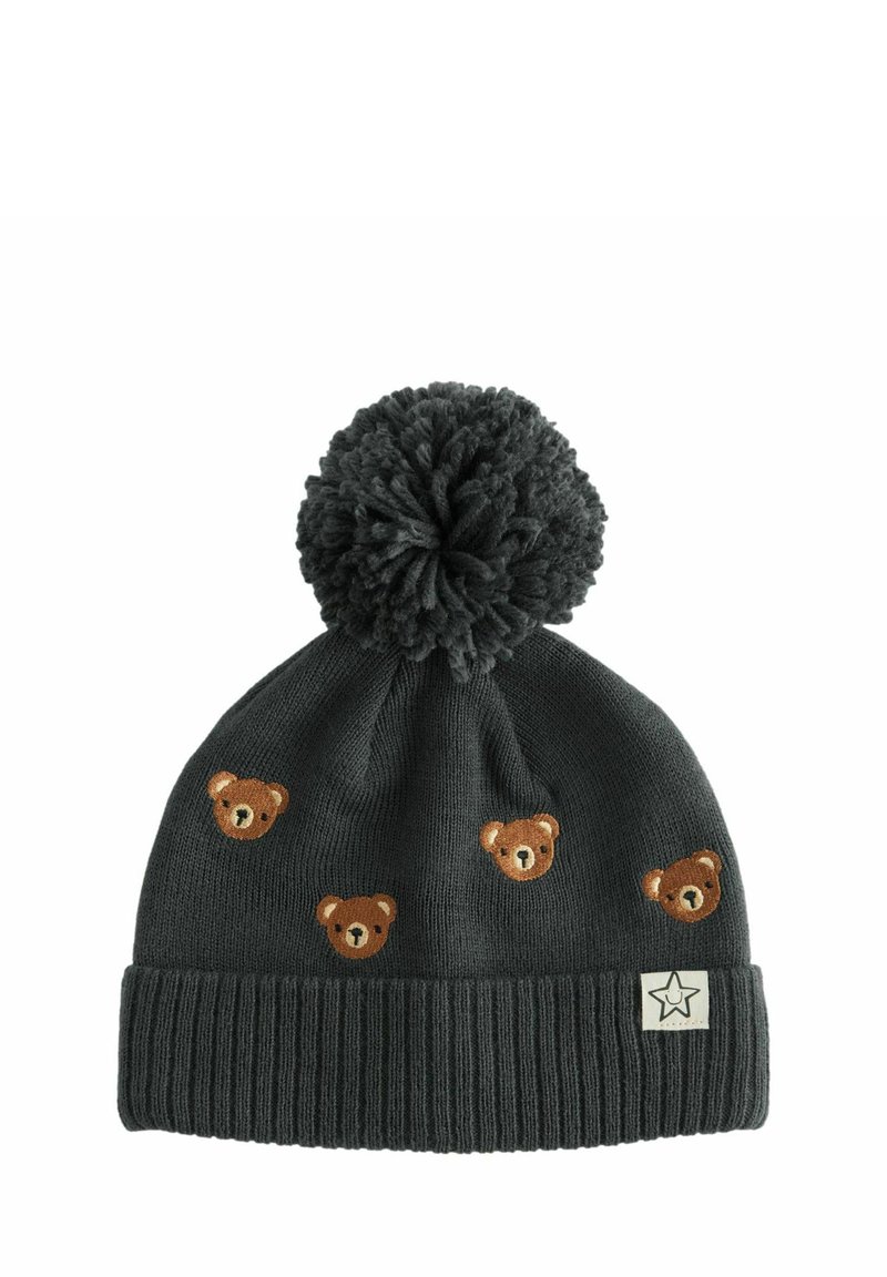 Kulfarvet strikket hue med fire broderede bjørneansigt, toppet med en fluffy pom-pom og en ribbet kant med et lille stjernetag.