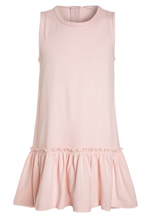 Abito senza maniche in morbido tessuto rosa, con orlo arricciato e scollo rotondo, dotato di una cerniera sul retro per la chiusura.