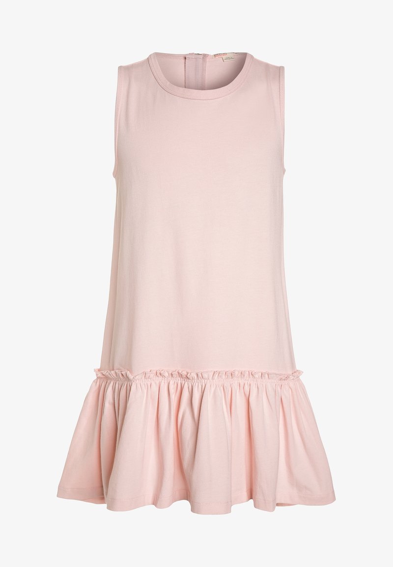 Sukienka bez rękawów w miękkim różowym materiale, z marszczonym haftem na dole i okrągłym dekoltem, z zamkiem błyskawicznym z tyłu do zapięcia.