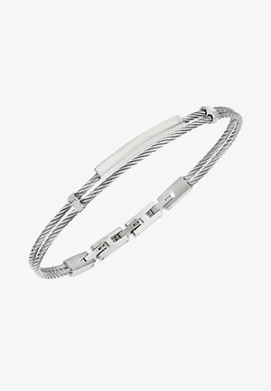 Silberfarbener Armreif mit ineinander verschlungenen Metallkabeln und flachen, länglichen Gliedern, versehen mit einem glatten Balkenakzent und einem Verschluss.