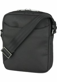 Borsa a tracolla nera realizzata in nylon texturizzato. Dotata di chiusura con zip, tracolla regolabile e tasca frontale. Forma rettangolare con dettagli minimi.