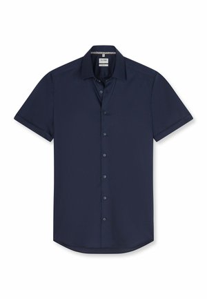 Marineblaues Herren-Kurzarmhemd mit Knopfleiste, klassischem Kragen und subtil strukturiertem Stoff, flach auf weißem Hintergrund liegend.