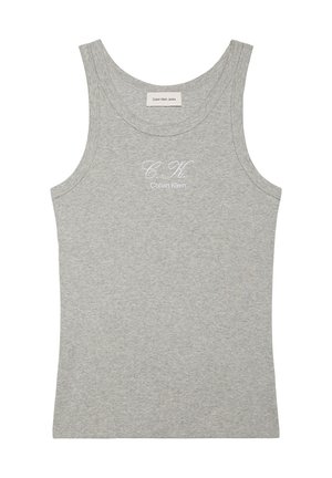 Light gray ribbed tank top with round neck, white embroidered "C.K. Calvin Klein" logo centered on chest.