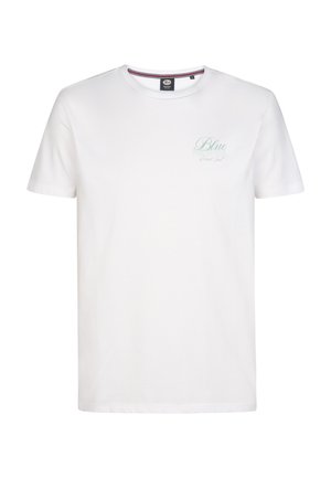 Valkoinen puuvillainen T-paita, jossa pyöreä pääntie, lyhyet hihat ja vaaleansininen teksti "Blue" rinnassa. Yksinkertainen muotoilu, ilman lisäkuvioita tai koristeita.