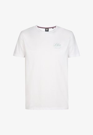 Wit katoenen T-shirt met een ronde hals, korte mouwen en lichtblauwe tekst "Blue" op de borst. Eenvoudig ontwerp, zonder extra patronen of accenten.