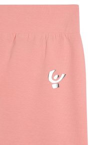 Pantalones cortos con cintura elástica rosa hechos de tela suave, con un logo plateado en el frente. Textura suave, diseño sencillo.