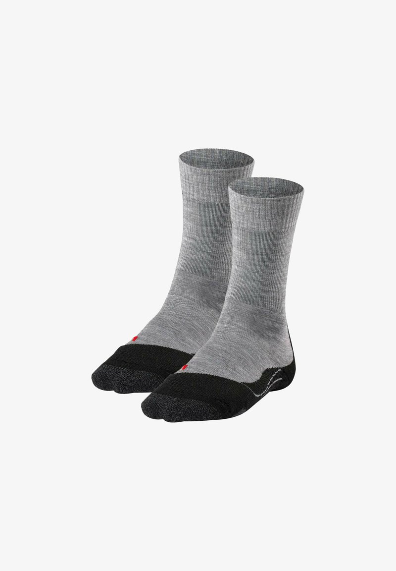 Chaussettes de crew grises avec texture côtelée, pointe et talon renforcés en noir, et petit logo rouge sur le côté.