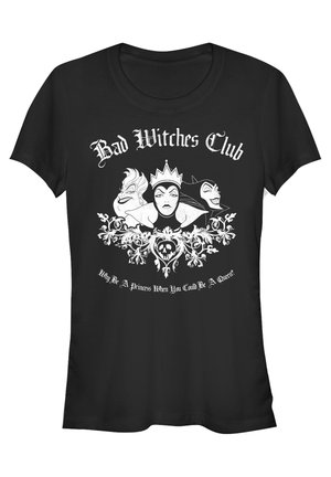 T-shirt noir avec des personnages de contes de fées en blanc, featuring le texte "Bad Witches Club" et des éléments décoratifs dans le design.