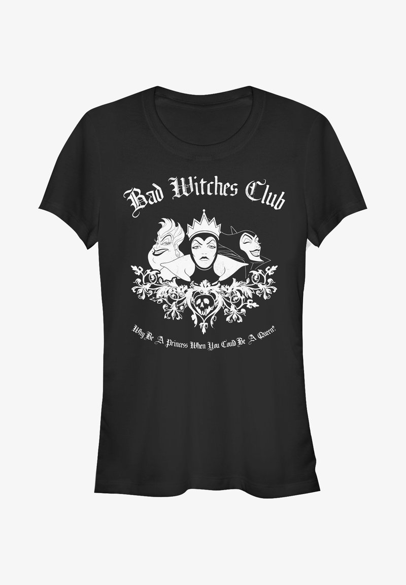 Černé tričko s postavami z pohádek v bílé barvě, se textem "Klub zlých čarodějnic" a dekorativními prvky v designu.