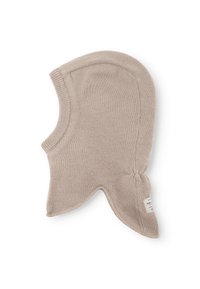 Balaclava en tricot beige avec bords arrondis et une texture douce. Présente une petite étiquette sur un côté. Conçue pour apporter chaleur et couverture.