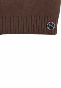 Brown knitted hat with a ribbed pattern, featuring a circular logo accent with a red dot on the side. Soft texture and stretchable fabric.