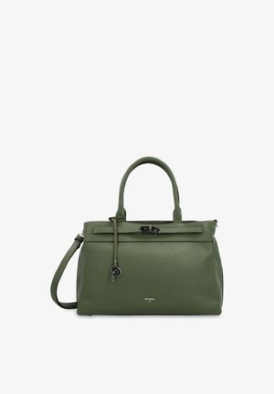 Sac à main en cuir vert au design structuré, avec deux poignées supérieures, une bandoulière amovible, et une fermeture argentée ornée d'une clé.