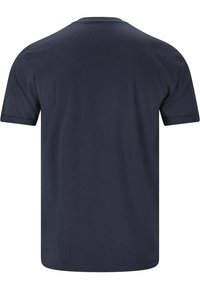 Marinblå bomullströja med korta ärmar, rundad halsringning och en slät yta; inga synliga mönster eller designer.