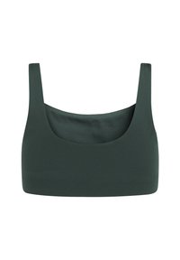 Dark green crop top with wide shoulder straps and a scoop neckline against a white background.