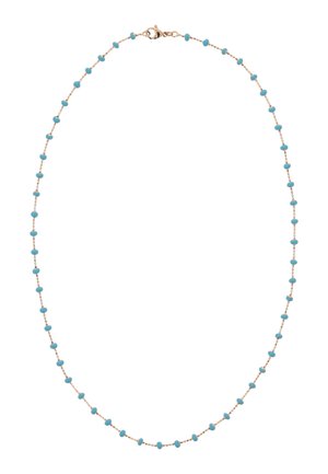 Delikat guldkæde med jævnt fordelt små turkise perler og en lås med hummerlås.