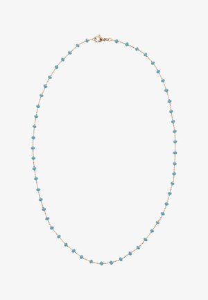 Finom aranylánc nyaklánc egyenletesen elosztott kis türkiz gyöngyökkel és rák kapoccsal.