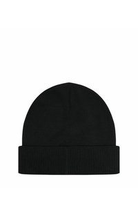 Berretto di maglia nera, texture morbida, cima arrotondata e orlo risvoltato. Design semplice e senza cuciture, privo di loghi o motivi.