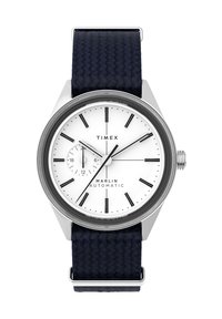L'orologio automatico Timex Marlin presenta un quadrante bianco con indici neri, una cassa in acciaio e un cinturino in tessuto intrecciato blu scuro.
