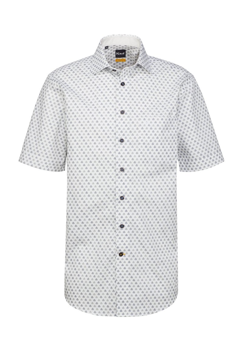 Camicia a maniche corte in cotone bianco con motivo geometrico blu navy, colletto button-down e bottoni scuri lungo la parte anteriore per la chiusura.