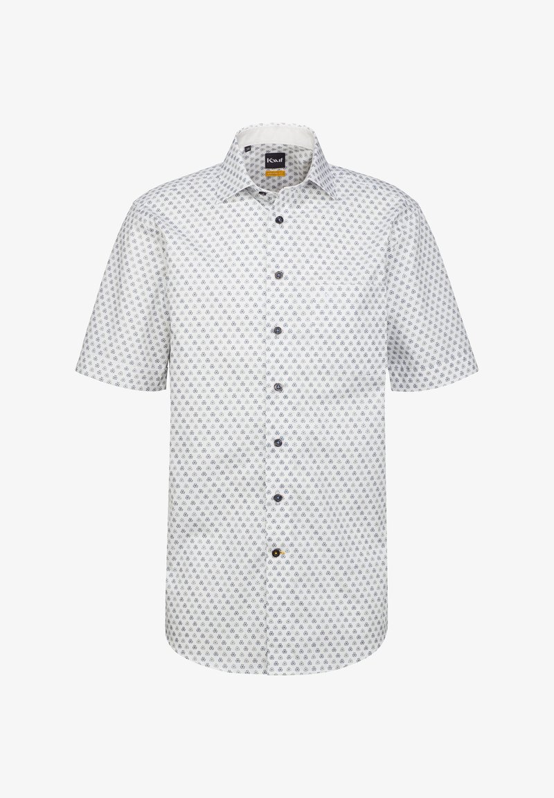 Camicia a maniche corte in cotone bianco con motivo geometrico blu navy, colletto button-down e bottoni scuri lungo la parte anteriore per la chiusura.