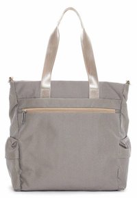Borsa a spalla beige e grigia con trama, dotata di tasca frontale con cerniera, tasche laterali e due manici beige, mostrata su sfondo bianco.
