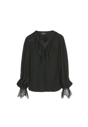 Blusa negra con un cuello de encaje con volantes y acentos de encaje en los puños de las mangas. Tejido suave con un corte relajado y diseño de escote en V.