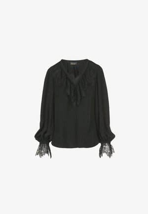 Blouse noire avec un col en dentelle froncé et des accents en dentelle au niveau des poignets. Tissu doux avec une coupe décontractée et un décolleté en v.