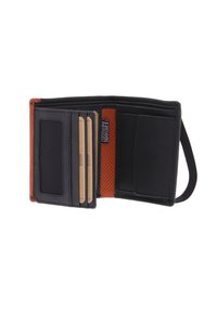 La billetera bi-fold en negro y naranja cuenta con múltiples ranuras para tarjetas, un bolsillo de malla y una textura suave. Material duradero con detalles de costura en contraste.