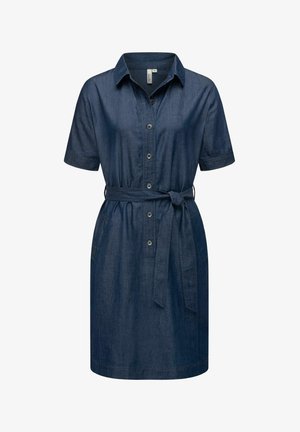 Sukienka z denimu, z krótkimi rękawami, z przodu zapinana na guziki i z paskiem w talii. Ciemnoniebieski kolor, miękka tekstura i dwie boczne kieszenie. Luźny fason.