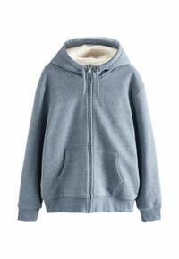 Felpa grigia con zip, realizzata in tessuto morbido, dotata di cappuccio foderato in pile, tasche frontali e polsini a costine. Due lacci regolabili al collo.