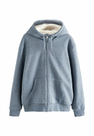 Grauer Reißverschluss-Hoodie aus weichem Material, mit einem gefütterten Kapuzenbereich, frontalen Taschen und gerippten Bündchen. Zwei Zugbänder am Hals.