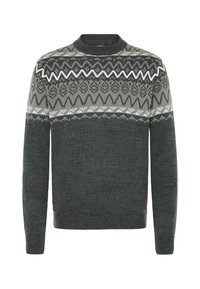 Dunkelgrauer Pullover mit einem Fair-Isle-Muster in Grautönen und Weiß. Strukturierter Stoff mit rundem Halsausschnitt und gerippten Bündchen.