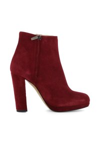 Bottines en daim rouge avec un talon haut empilé, un bout rond et une fermeture éclair sur le côté. Texture lisse avec des accents minimes pour un look élégant.