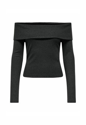 Top gris acanalado con mangas largas y escote descubierto en los hombros. Tejido suave y elástico; diseño ajustado; textura sutil y color uniforme.