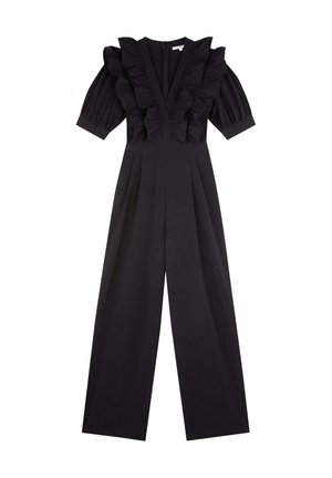 Mono negro con un escote en V profundo y detalles con volantes en los hombros. Presenta mangas cortas abullonadas y pantalones de pierna ancha. Textura sutil.