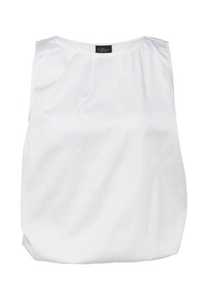 Blouse blanche sans manches avec col rond et plis subtils sous le col, à plat.