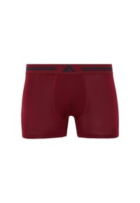 Maroon boxer briefs with a soft texture, featuring a solid color, contrasting navy waistband with two stripes, and a contoured pouch design.