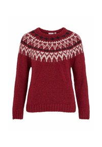 Pull en tricot rouge à manches longues, col rond, avec une encolure à motifs présentant des designs géométriques blancs et noirs. Texture douce.